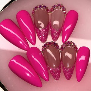 Hot Pink Stiletto Press On Nails: Sugar Glitter Rhinestone Glam