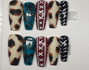 Turquoise Cow Print Press-On Nails: Hand-Painted Western Rodeo Set