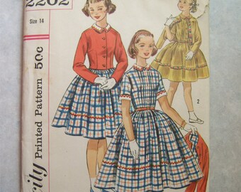 UNCUT Vintage 1950s Junior Teen Dress and Jacket Pattern - Simplicity 2202 - 32 Bust - Size 14