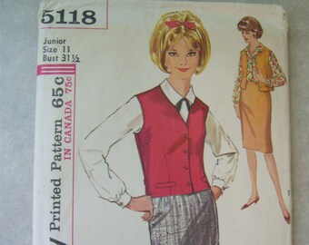 Vintage 1960s Junior Blouse, Skirt, and Weskit - Simplicity 5118 - 31 1/2 Bust - Size 11