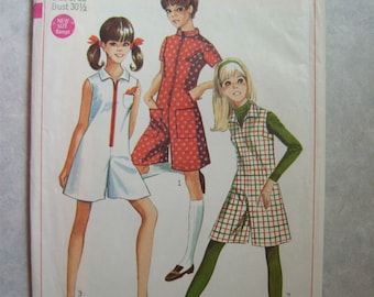 Vintage 1967 Junior Pantdress Pantjumper Playsuit Pattern - Simplicity 7424 - 30 1/2 Bust - Size 9 Size 10