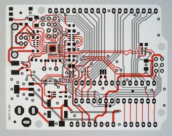 Arduino UNO circuit board screen print in grey, red and black - microcontroller silkscreen art