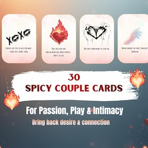 Könnte beinhalten: Ein Set von 30 "Spicy Couple Cards" mit Anregungen für Intimität, Leidenschaft und Spiel. Jede Karte hat ein einzigartiges Design mit Text und Illustrationen, darunter Herzen, Flammen und handgezeichnete Bilder. Die Karten sollen Sehnsucht und Verbundenheit zurückbringen.