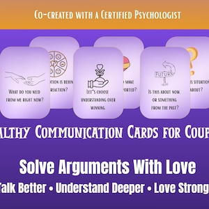 Peut inclure: Image de cartes de communication pour couples, co-créées avec un psychologue certifié. Les cartes présentent des illustrations et des invites telles que "De quoi avez-vous besoin de moi en ce moment ?" et "S'agit-il du présent ou du passé ?" Le texte dit "Résoudre les conflits avec amour."