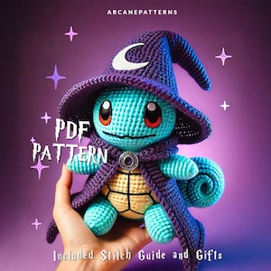 May include: Crochet pattern for a Squirtle wearing a purple wizard hat with a crescent moon. The pattern includes a stitch guide and gifts. PDF pattern made by Arcane Patterns.