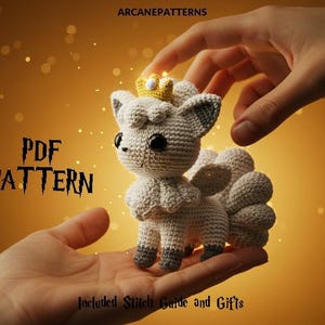 Könnte beinhalten: Ein gehäkeltes weiß-graues fuchsähnliches Wesen mit goldener Krone, gehalten zwischen zwei Händen. Der Text "PDF PATTERN" ist sichtbar. Das Bild hat einen warmen, goldenen Hintergrund mit funkelnden Highlights. Der Text "Included Stitch Guide and Gifts" ist ebenfalls sichtbar.