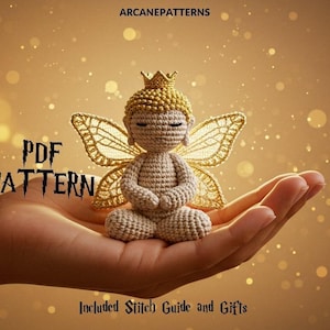Puede incluir: Una muñeca de hada de ganchillo con corona y alas doradas, sostenida en una mano. La muñeca es beige con los ojos cerrados, sentada en posición meditativa. La imagen incluye el texto "PDF PATTERN" y "Included Stitch Guide and Gifts."
