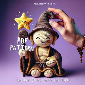 May include: A crocheted amigurumi doll wearing a brown wizard hat and holding a star-shaped wand. The doll is sitting in a meditative pose with a brown and yellow robe. The text "PDF PATTERN" is visible in the image.