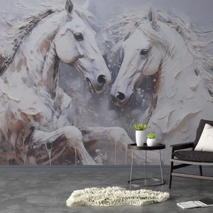 Majestic White Horses  Peel and Stick Wallpaper/Removable Vintage Wall mural/ Canvas Peel and Stick / Non Woven Wallpaper