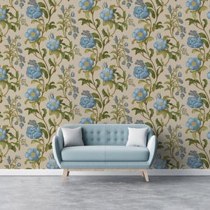 Vintage Blue Floral Elegance Peel and Stick Wallpaper / Removable Vintage Wall mural / Canvas Peel and Stick / Non Woven Wallpaper