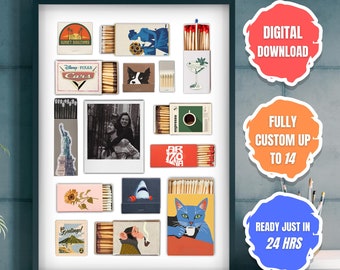 Custom matchbook ART, Matchbox Digital Download, Vintage matchbook prints, Personalized home, Large Digital Matches Print, Anniversary Gift