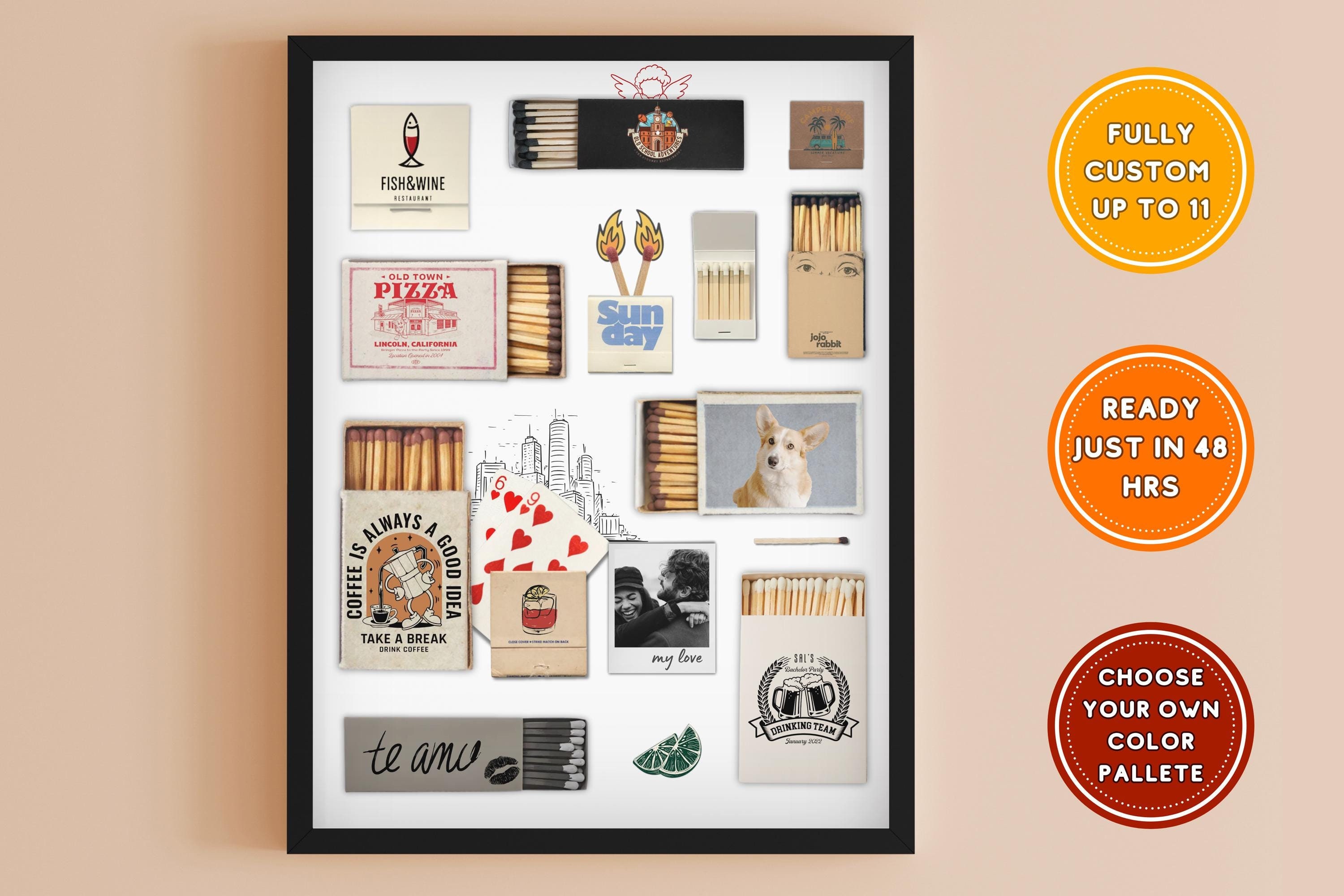 Custom matchbook art, Vintage matchbook prints, Retro matchbox decor, Personalized home art, Large Digital Matches Print, Unique gift