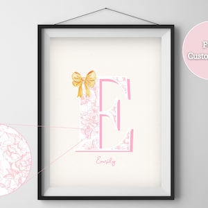 Impressão de laço inicial personalizado, arte de nome floral personalizado, decoração de berçário, monograma de chinoiserie, quarto de menina, presente para sua avó millennial
