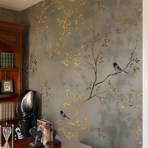 Carta da parati di lusso con rami di uccelli dorati - Carta da parati elegante con motivi chinoiserie grigi - Carta da parati con uccelli vintage - Carta da parati rimovibile - Carta da parati staccabile e attaccabile