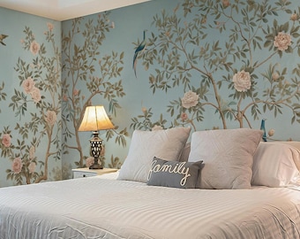 Chinoiserie Floral Bird Wallpaper - Pastel Vintage Bird Wallpaper - Removable Wallpaper