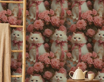 Kitten and Rose Wallpaper - Vintage Wallpaper - Cat Wallpaper - Sweet Wallpaper - Pink Wallpaper - Peel and Stick Wallpaper