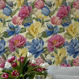 Carta da parati Cottage Chic - Carta da parati floreale - Carta da parati vintage - Carta da parati rimovibile - Carta da parati floreale colorata - Carta da parati staccabile e adesiva