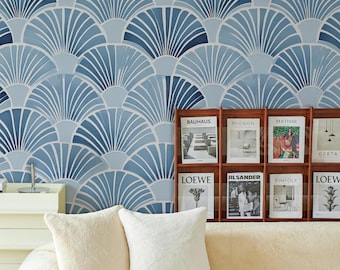 Art Deco Blue Fan Wallpaper - Elegant Geometric Wallpaper - Fan Pattern - Vintage Wallpaper - Removable Wallpaper - Peel and Stick Wallpaper