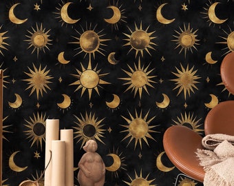 Gold Moon and Stars Wallpaper -Black Background Wallpaper -Dark Sky with Gold Details Wallpaper-Removable Wallpaper-Peel and Stick Wallpaper