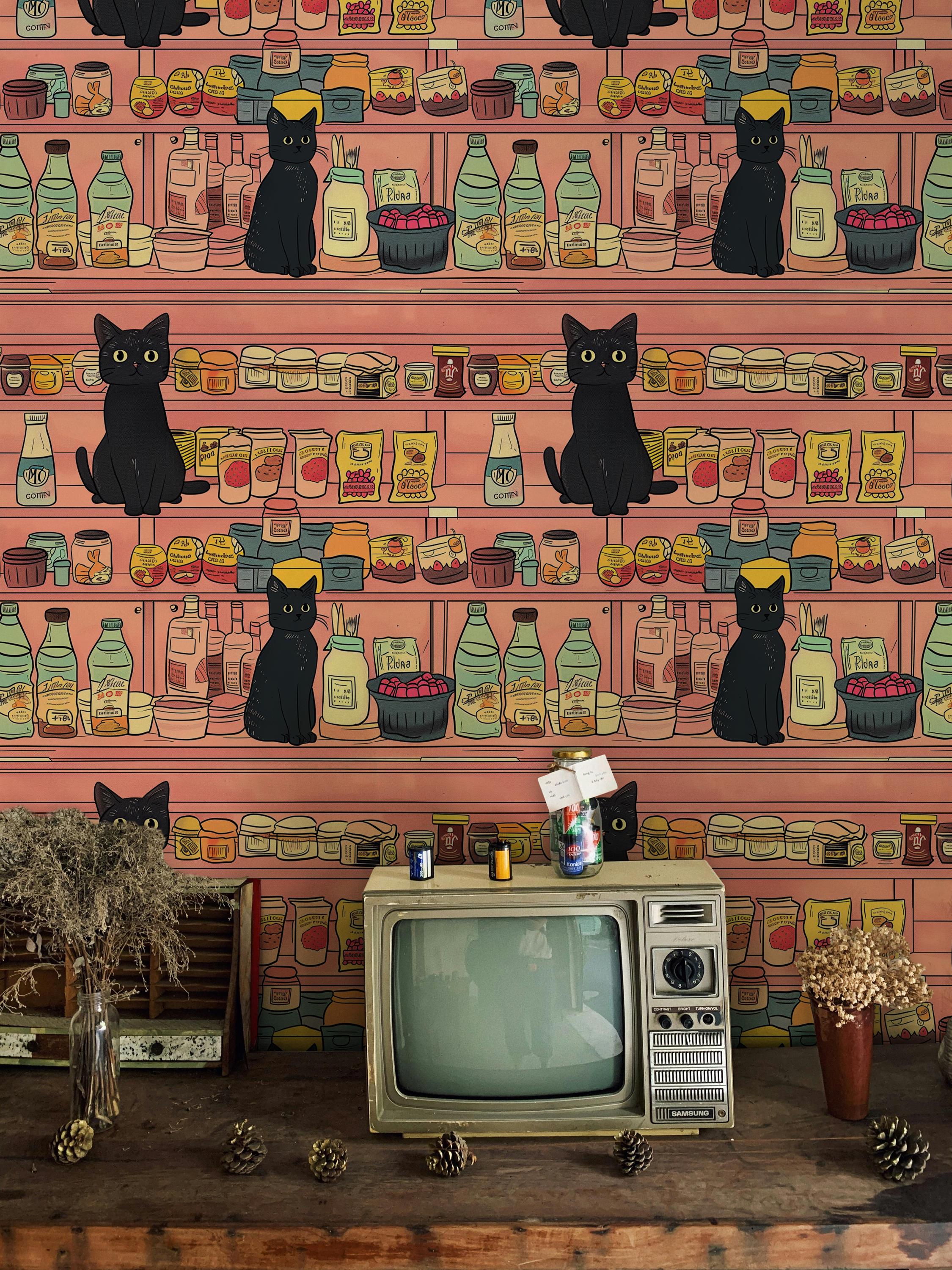 Ghibli Style Wallpaper-Retro Cat Wallpaper-Cute Black Cat Wallpaper-Playful Vintage Wall Art-Removable Wallpaper-Peel and Stick Wallpaper