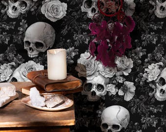 Black Floral Skull Wallpaper: Gothic Peel and Stick Mural