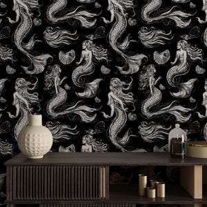 Mermaids Wallpaper: Elegant Black and White Sea Sirens - Peel and Stick