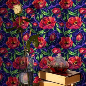 Red Tulip Floral Wallpaper: Vibrant Botanical Peel and Stick Mural