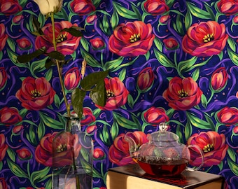 Red Tulip Floral Wallpaper: Vibrant Botanical Peel and Stick Mural