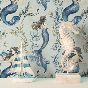 Elegante carta da parati con sirena - Carta da parati murale a tema oceano nautico con fascino vintage / Carta da parati staccabile e adesiva / Carta da parati rimovibile
