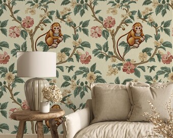 Monkey Floral Peel and Stick Wallpaper: Nature Wall Decor