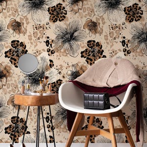 Carta da parati con stampa leopardata floreale, carta da parati con accenti floreali Boho Jungle Beige e neri / carta da parati staccabile e adesiva / carta da parati rimovibile