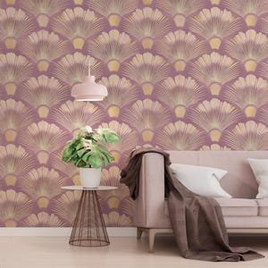 Carta da parati con motivo a ventaglio Art Déco in viola e oro - Elegante arredamento per la casa / Carta da parati staccabile e adesiva / Carta da parati rimovibile