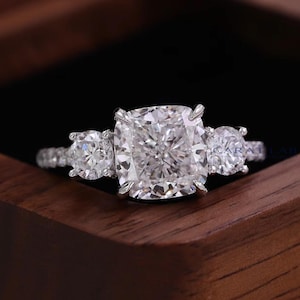 Cushion Cut Three Stone Lab Grown Diamond Ring, Round Cut CVD Diamond Engagement Ring, 14K White Gold Bridal Ring for Wedding Gift