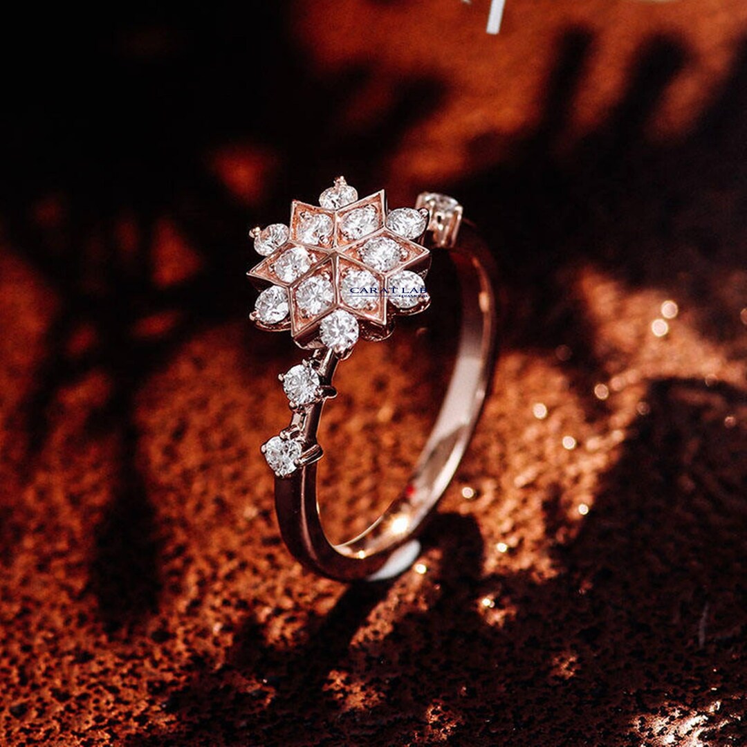 14K Gold Snowflake Ring, Lab Grown Diamond Ring, Dainty Christmas ...
