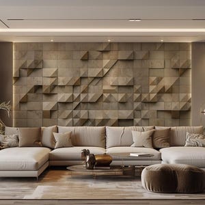 May include: A modern living room featuring a large, beige sectional sofa with multiple throw pillows. The room has a textured, geometric wall design in shades of brown and beige. A round coffee table and a brown ottoman complete the seating area.