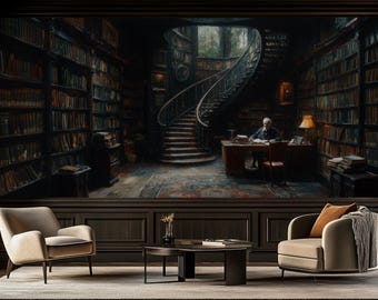 Vintage Library Mural, Classic Bookshelf Wallpaper - Peel & Stick, Commercial, Non-Woven
