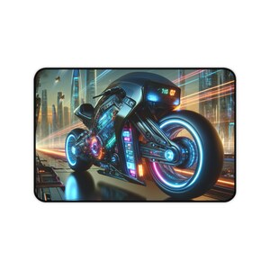 May include: A futuristic motorcycle with glowing blue and orange lights, speeding through a city at night. The motorcycle has a sleek, black design and a large, chrome wheel.