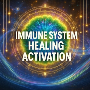 Peut inclure: Image d'art numérique abstrait avec le texte blanc « IMMUNE SYSTEM HEALING ACTIVATION ». L'arrière-plan présente une galaxie tourbillonnante de bleus, de verts et d'ors, avec un globe central, lumineux et multicolore.