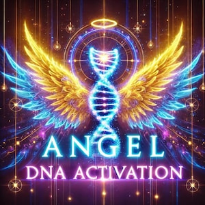 Op de afbeelding: Een kleurrijk beeld met een gloeiend DNA-streng in het midden, omringd door twee vleugels, een blauwe en een gele. De tekst "ANGEL DNA ACTIVATION" staat onderaan het beeld.