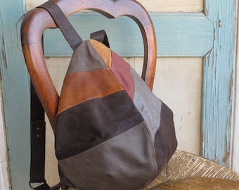 Unique mixed brown and terracota drop shape backpack, super safe, REPURPOSED LEATHER