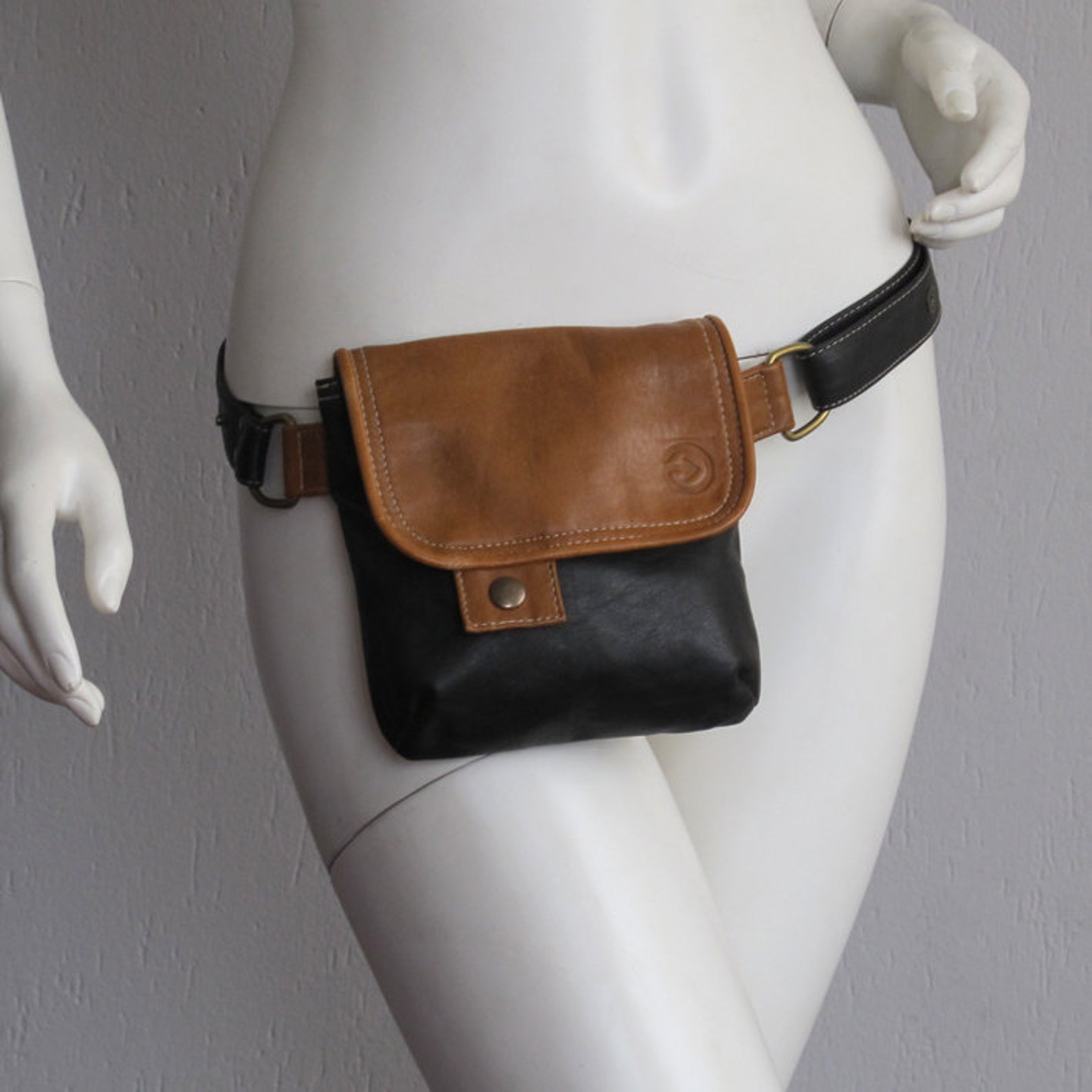 Lovely black hip bag with camel details UPCYCLED LEATHER Etsy