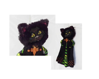 Black Cat Art Doll / Cat Wall Decor / Halloween Decor / Handmade Black Cat, Black Cat Art, Black Cat Wall Hanging, Spooky Decor, Ornament