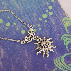 Silver Sunburst Pendant Necklace: Cottagecore Sun Jewelry, 18&quot; Chain