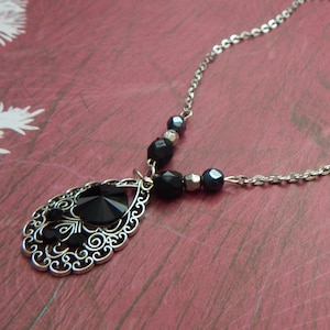 Gothic Teardrop Pendant Necklace: Black Faceted Glass, Victorian Style