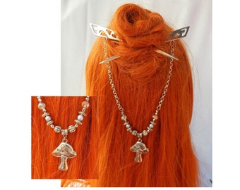 Mushroom Hair Sticks / Mushroom Jewelry / Fairy Core Hair sticks / Katana style chain hair sticks, Cottage Core Hair sticks, Toadstool