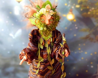Woodland Guardian Art Doll, Green Man Figurine, OOAK Elf Decor