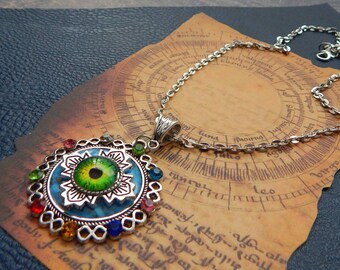 Evil Eye Necklace / Protection Jewelry / Third Eye Necklace, Assemblage Jewelry, Eye Pendant, All Seeing Eye, Evil Eye Talisman, Green Eye