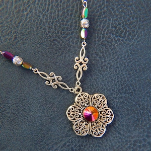 Gothic Iridescent Flower Pendant Necklace: Silver Victorian Jewelry