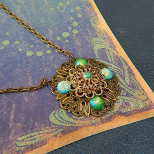 Art Nouveau Ocean Pendant Necklace: Gold Filigree, Fantasy Fairycore