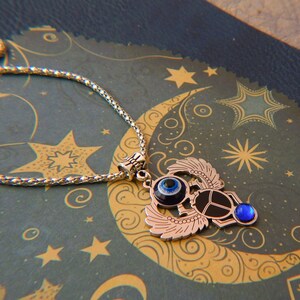 Silver Scarab Beetle Necklace: Egyptian Evil Eye Pendant, 18&quot; Chain
